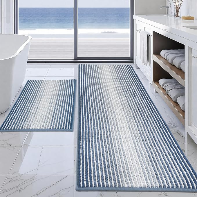 Bathroom Rugs Sets 2 Piece, Non Slip Striped Bath Mats, Fog Blue | 24"x70" Plus 20"x32", Soft Absorbent Chenille, Quick Dry Machine Washable, Shower Rug for Bathroom Floor, Tub, Bedroom Decor