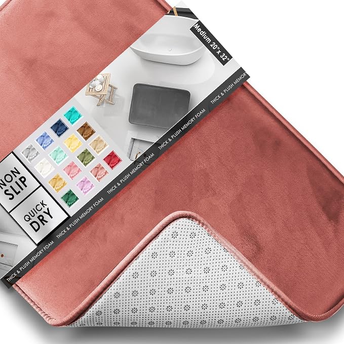Clara Clark Bathroom Rugs, Velvet Memory Foam Bath Mat, Non-Slip, Machine Washable Bath Rugs - Dries Quickly, Ultra Soft Plush Bath Mats for Bathroom, 20 x 32, Misty Rose