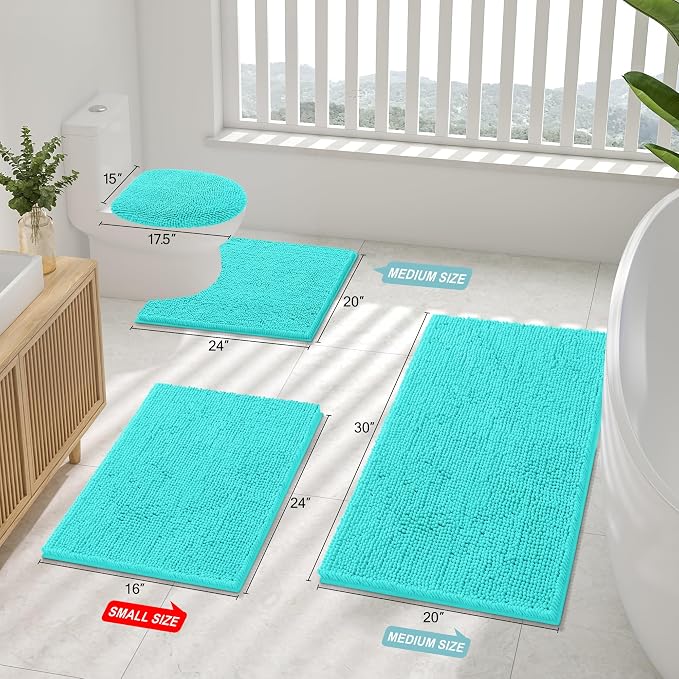 Smiry Chenille Bathroom Rugs Sets 2 Piece (34x21+30x20, Turquoise) | Soft Absorbent Machine Washable Non Slip Shaggy Bath Rug Set for Tub, Shower, and Floor, Home Decor