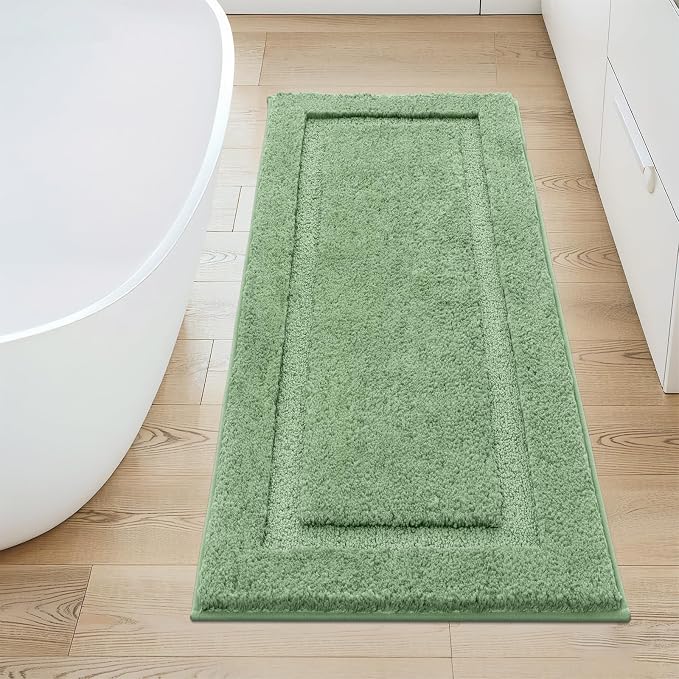 SHACOS Soft Microfiber Bathroom Rugs Set of 2 Pieces, Sage Green | 47x20 + 32x20, Absorbent Plush Bath Rugs, Non Slip Washable Shaggy Bath Mats, Fluffy Bathroom Runner Floor Mats Shower Rug