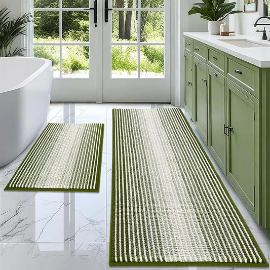 Bathroom Rugs Sets 2 Piece, Non Slip Striped Bath Mats, Sage | 20"x60" Plus 20"x32", Soft Absorbent Chenille, Quick Dry Machine Washable, Shower Rug for Bathroom Floor, Tub, Bedroom Decor