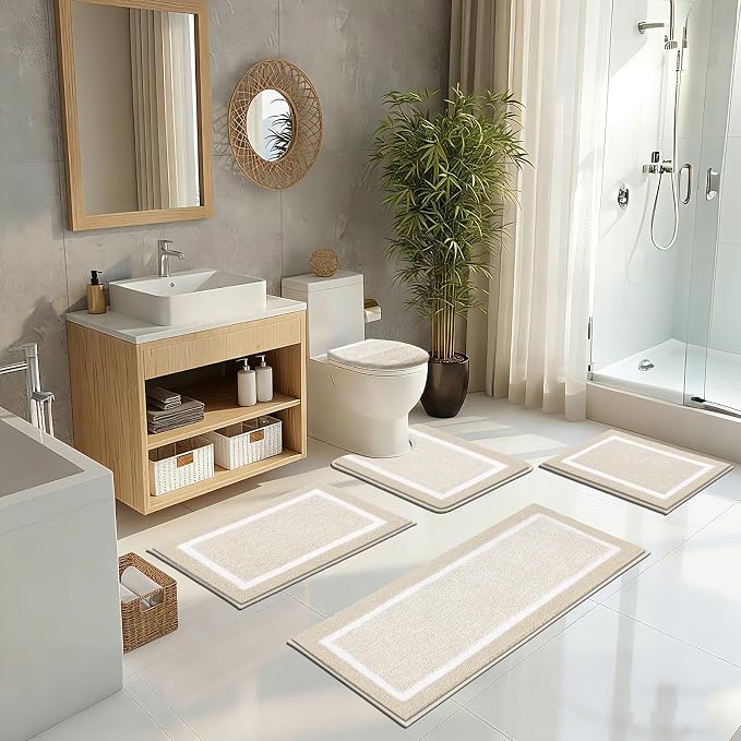 Pauwer Bathroom Rugs Sets 5 Piece, Microfiber Bath Mats, Light Beige | Non Slip Washable U Shaped Toilet Rug, Long Shower Runner, Toilet Lid Cover, Quick Dry Absorbent Plush Floor Carpet