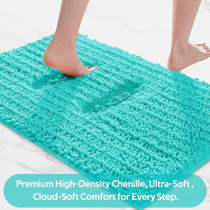 ACCUMTEK Upgrade Extra Large Teal Green Bathroom Rug Set 3 Pieces Ultra Soft, Thick Absorbent Bath Mats, Non Slip Chenille Toilet Mat for Bathroom, Bedroom, Kitchen, Turquoise