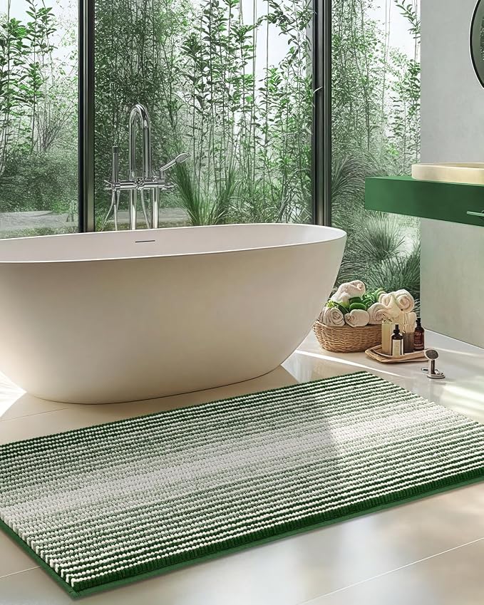 BSICPRO Large Bathroom Rugs Runner, 22x60 Striped Bath Mats, Hunter Green | Non Slip Chenille Backing, Extra Soft Absorbent, Quick Dry Machine Washable, Shower Rug for Bathroom Bedroom Decor