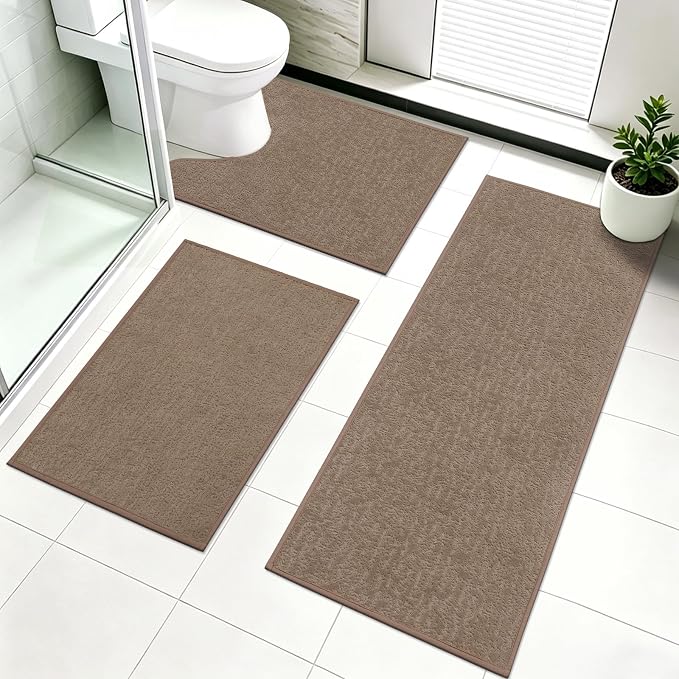 Pauwer Bathroom Rugs Sets 3 Piece, Ultra Thin Bath Mat Set, Brown | Non Slip Washable, Quick Dry, Super Absorbent, U-shaped Contour Toilet Rug, Low Pile, For Floor Sink Shower Room