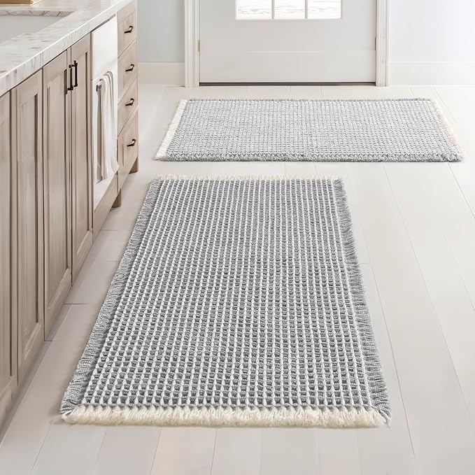 MIULEE Set of 2 Waffle Bathroom Rugs LightGrey&Cream Bath Mat 18x30 Inch | Non Slip, Super Absorbent, Washable, Ultra Soft, Rubber Backed Bath Rugs for Bathroom Floor Tub Shower, Boho Decor