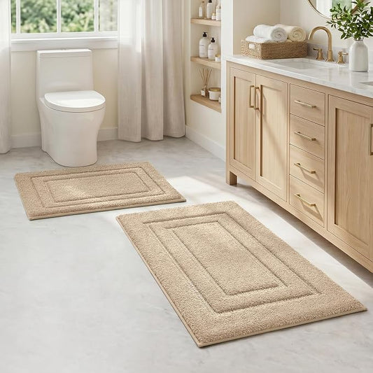 HOMEIDEAS Bathroom Rugs Sets 2 Piece, Super Soft and Absorbent Non Slip Microfiber Machine Washable Bath Mat Set (20" x 32" + 16" x 24", Beige) | Ultra Absorbent, Microfiber Machine Washable Bath Rug Set, for Bathroom, Tub, Shower 20" x 32" + 16" x 24"
