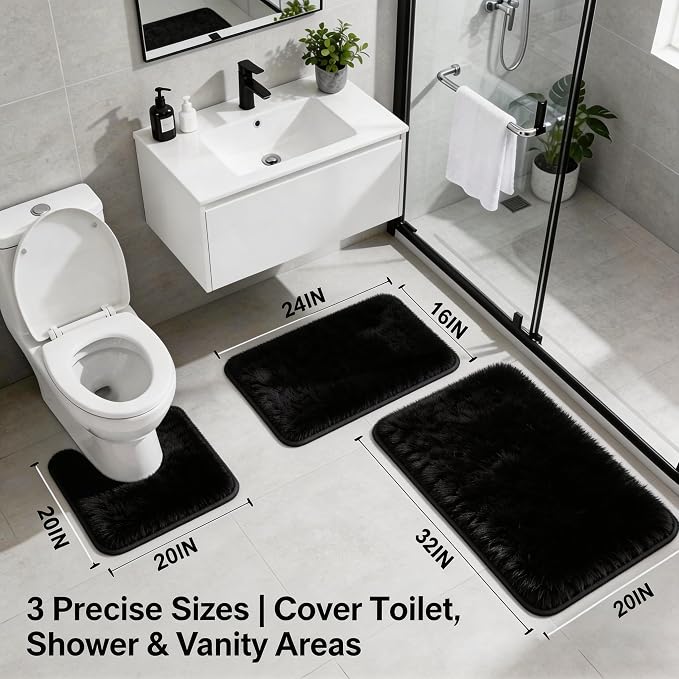 Bathroom Rugs Set Plush Velvet Bath Rugs Non-Slip Shaggy Bath Mat Set 3 Piece,Washable Mats,Absorbent Shaggy Rugs Super Soft U-Shaped Toilet Rug,Bahroom Carpets for Bathroom,Tub,Shower Black