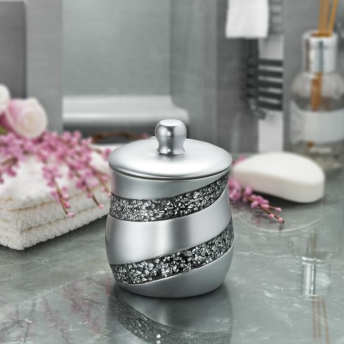 Creative Scents Silver Mosaic Qtip Holder for Bathroom - Decorative Cotton Ball Holder Jar - Durable Resin cotton Swab dispenser - Bathroom Accessories Vanity storage