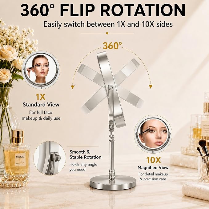 DEIOVWXS Makeup Mirror, Rechargeable Vanity Mirror with 3 Lights, 1X/10X | Adjustable Brightness, 3000mAh, Double-Sided, Gift for Mom, Women, Wife, Girls, Dorm Room Essential