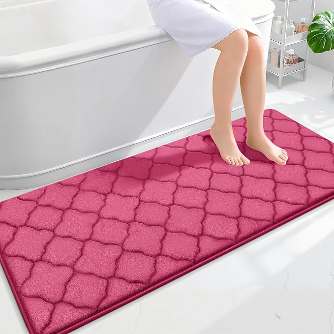 OLANLY Memory Foam Bath Mat Rug 59x24, Ultra Soft Bathroom Rugs, Deep Pink | Thick Absorbent Carpet, Non-Slip Backing, Machine Washable, for Bathroom Floor, Tub, Shower and Home Decor Accessories