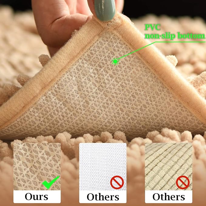 RUN HELIX Beige Bathroom Rug Mat Set, Extra Thick and Absorbent Bath Rugs, Non-Slip, Chenille Soft Plush Shaggy, Washable, for Bathroom, Bedroom, 24x16+20x32 Inch