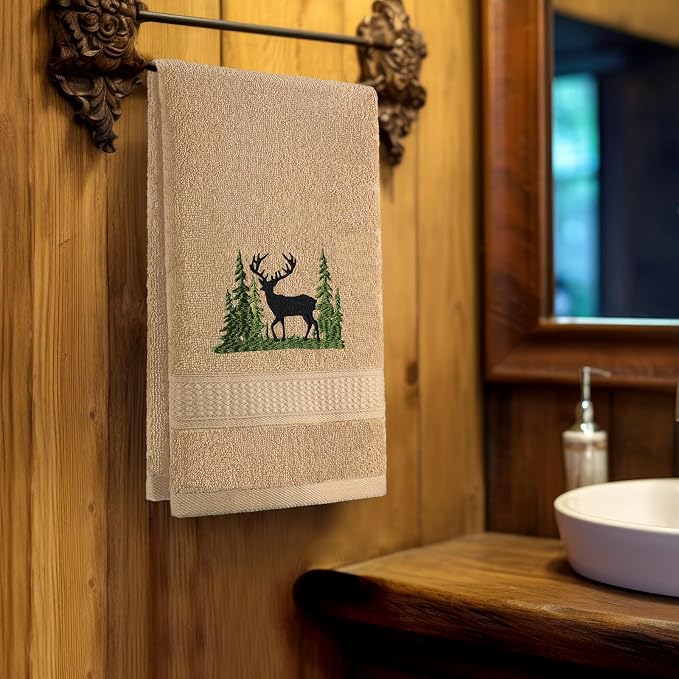 3 Pcs Farmhouse Cabin Bear Hand Towels Hand Towels for Bathroom | Embroidered Forest Moose Deer Design, 100% Cotton, Farmhouse Kitchen Holiday Decor, Absorbent Towels, Housewarming Gifts