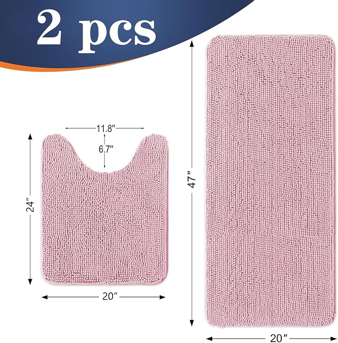 OLANLY Chenille Bathroom Rugs Mats Set 2 Piece, 47"x20"+24"x20", Dusty Rose | Soft Absorbent Bath Mat and U-Shaped Contour Toilet Rug Set, Quick Dry, Machine Washable Bath Carpet, Home Decor Accessories