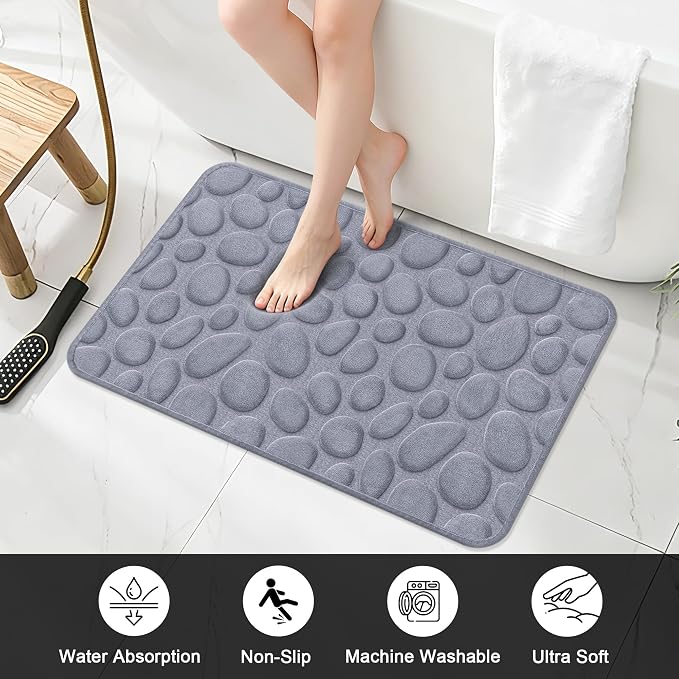Stone Bath Mats, Non-Slip Memory Foam Bathroom Rugs, 20x32 Gray | TPR Rubber Backing,Ultra Soft,Highly Absorbent,Machine Washable,Quick Dry for Tub and Shower, Home Decor Accessories