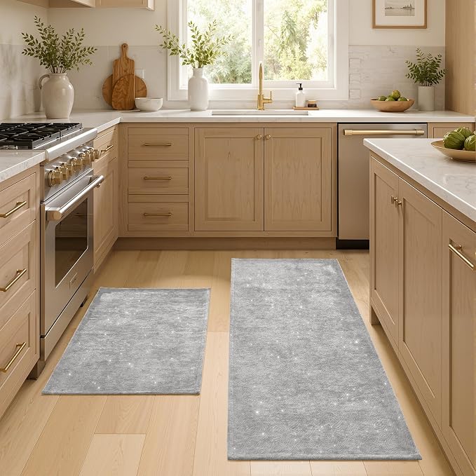 UKISS 2PCS Large Bath Mats, Shiny Chenille, Non Slip Bath Rug Set, Ultra-Absorbent Bath Mats for Bathroom Decor, Extra Soft Floor Kitchen Rugs,Washable Mat Quick Dry, 20" x 32" + 20" x 50", Gray