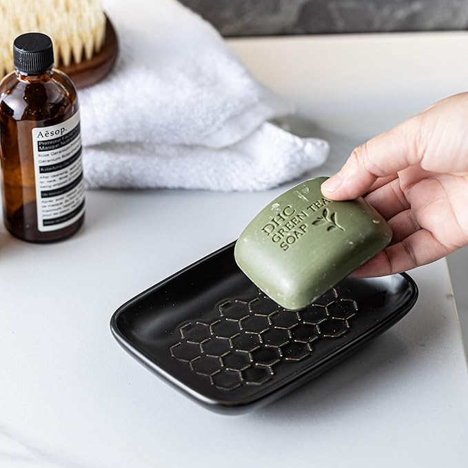 Gomakren Soap Dish for Shower, Ceramic Bar Soap Holder with Honeycomb Design - Father's Day Soap Saver Tray for Bathroom Kitchen Sink, Sponge & Organizer Tray, Upscale Look, 5.5 Inch, Black