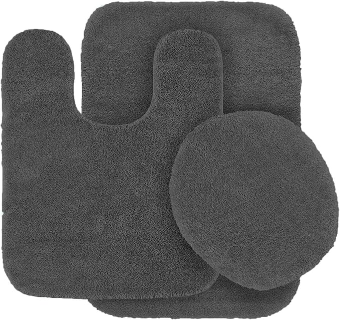 Mk Home LLC 3pc Angela Non Slip Soft Bath Set Rugs for Bathroom Bath Rug, Contour Mat, Toilet Seat Cover New (Charcoal/Dark Grey)