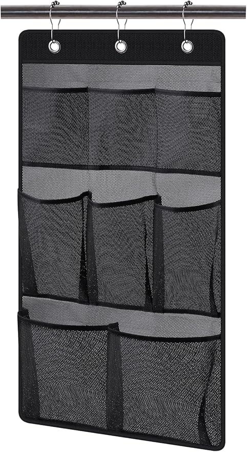 KIMBORA Mesh Shower Caddy Hanging Bathroom Organizer Storage with 2 Large Pockets 3 Rings Hang Curtain Rod for Dorm Cruise RV, Black