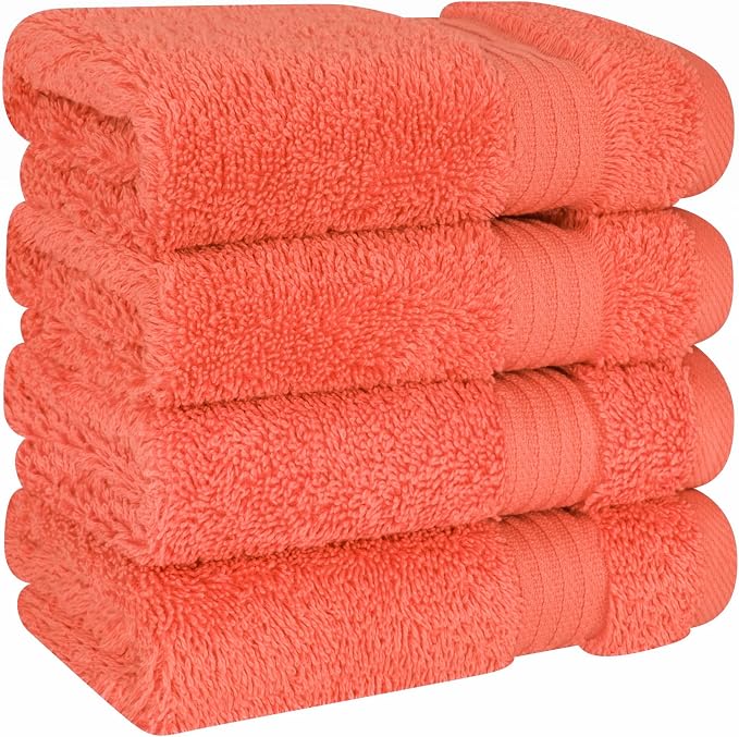 Cotton Paradise 100% Cotton Turkish Towel Set, Soft Absorbent Quick Dry, 4 Piece Washcloth Set, Coral
