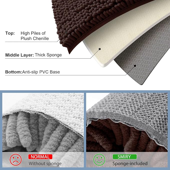 Smiry Chenille Bathroom Rugs Sets 2 Piece (30x20+24x16, Brown) | Soft Absorbent Machine Washable Non Slip Shaggy Bath Rug Set for Tub, Shower, and Floor, Home Decor