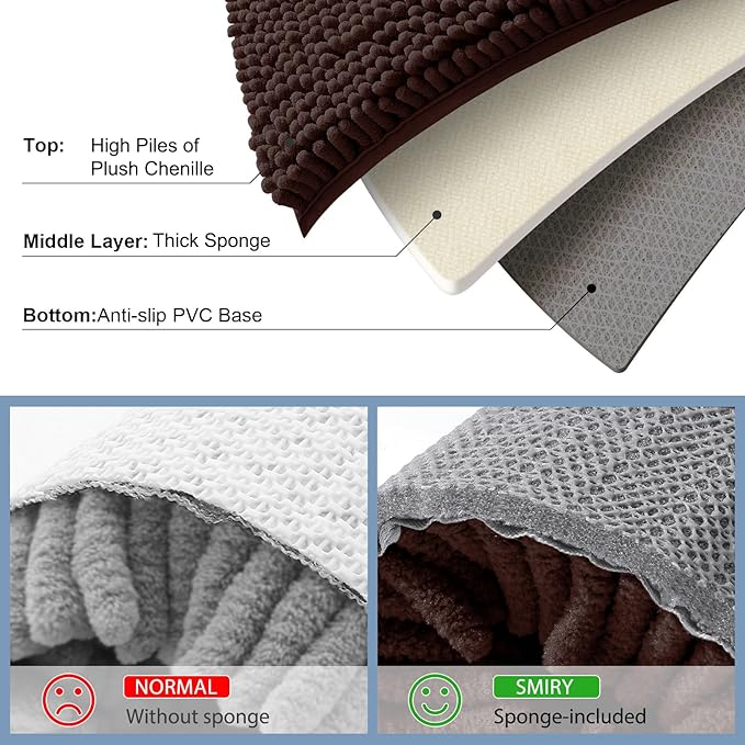 Smiry Chenille Bathroom Rugs Sets 2 Piece (59x20+24x16, Brown) | Soft Absorbent Machine Washable Non Slip Shaggy Bath Rug Set for Tub, Shower, and Floor, Home Decor