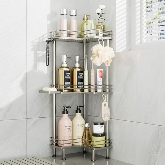 Consumest Corner Shower Caddy Standing - 3-Tier Stainless Steel Shower Organizer with Soap Holder and 4 Hooks, Large Capacity Corner Shelf Stand for Bathroom, Rest Room, Sand Nickel