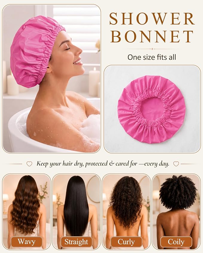 Edoneery Shower Caps for Women Reusable Waterproof, Shower Hair Cap | Washable Bonnet, Wide Elastic Band, Large Fit, Holds Long Hair, Braids Friendly, Bath Accessories, Spa, Travel