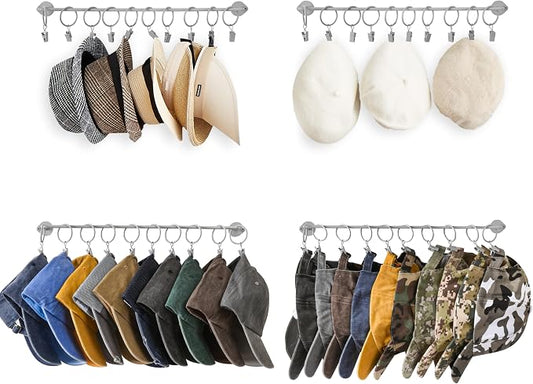 Hat Rack Wall Cap Organizer - Baseball Hat Racks Display Holder with 40 Hooks - Modern Metal Black Hats Storage Wall Mounted Caps Hanger Set of 4 for Closet Door Bedroom Entryway Laundry(Grey)