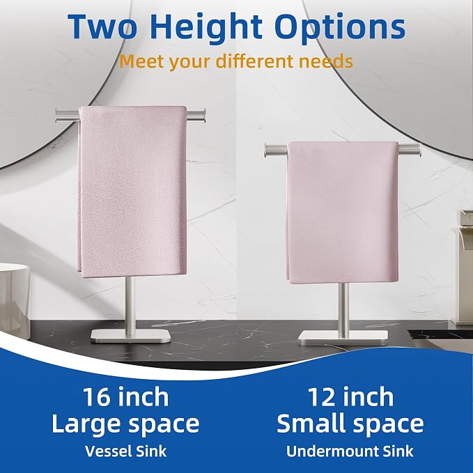 RUACQ T-Shape Hand Towel Holder Stand, Weighted Base Towel Rack, 12" Countertop Towel Holder for Bathroom, 304 Stainless Steel, Heavy Duty (Brushed Nickel, 2 Pack)