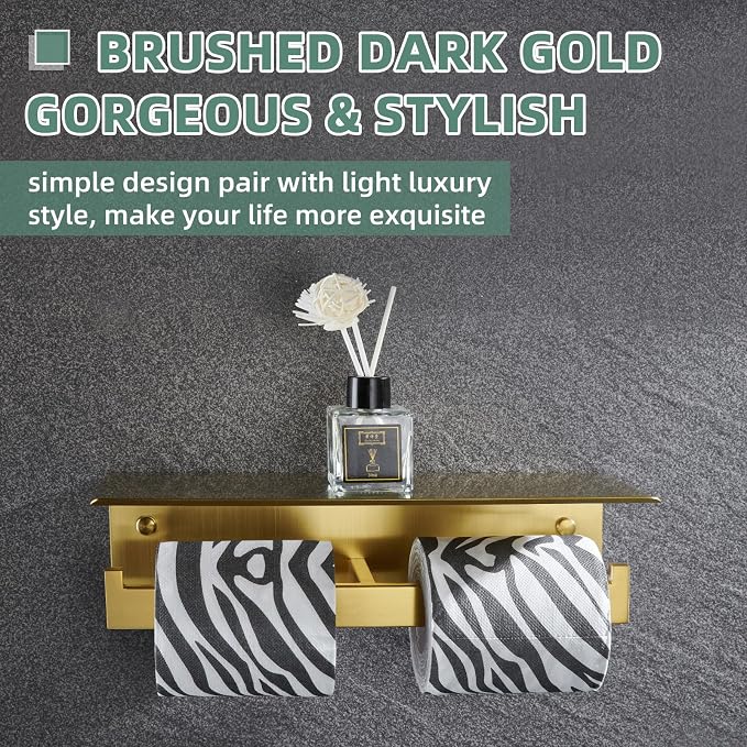 APLusee Brushed Dark Gold Double Toilet Paper Holder with Shelf, Heavy Duty 304 Stainless Steel Tissue Holder for Bathroom with Storage, Commercial Paper Roll Dispenser Wall Mounted
