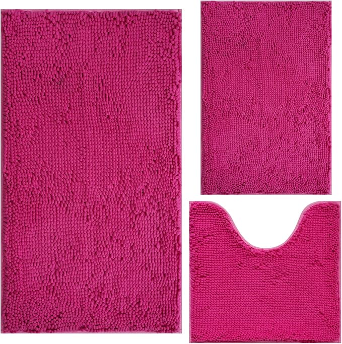 Bathroom Rugs Chenille 3-Piece Extra Soft and Absorbent Shag Bathroom Rugs, Machine Wash Mat, Strong PVC Non-Slip Underside, Plush Carpet Mats (Rose Red)