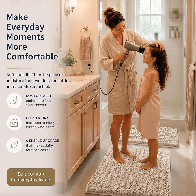 Yimobra Bathroom Rug Set 3 Piece, Super Water Absorbent Bath Mat Set, Beige | Quick Dry Soft Chenille Bath Rugs & Toilet Rug, Non Slip Machine Washable, Extra Thick Shaggy Floor Mat for Shower Tub Sink