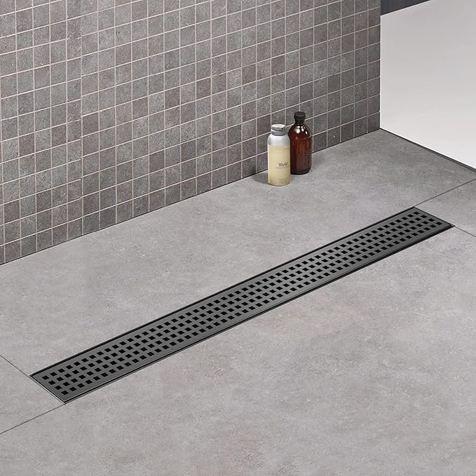 Linear Shower Drain, 28 inch Black Drain with Removable Grate Cover, Brushed 304 Stainless Steel Shower Floor Drain, Linear Drain with Hair Strainer and Adjustable Feet