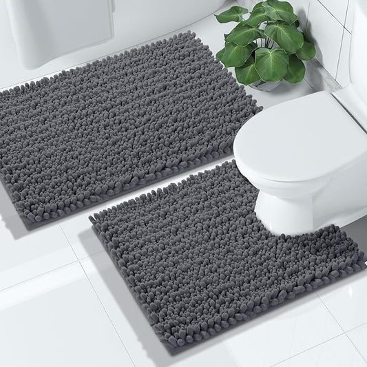 Yimobra Bathroom Rugs Sets 2 Piece - Quick Dry Extra Thick Luxury Chenille Bath Mat, Non Slip Super Absorbent for Tub Shower Sink, Machine Washable Shaggy Floor Mat, 24"x17+24"x20" Inch, Dark Grey