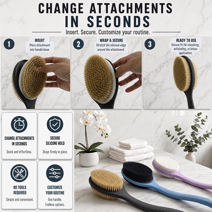Avilana Long Handle Body Brush for Shower, 19 Inch Curved Back Scrubber with Soft & Stiff Bristles, Exfoliating Body Brush for Back, Legs & Feet, Non-Slip Silicone Handle, Replaceable Head System