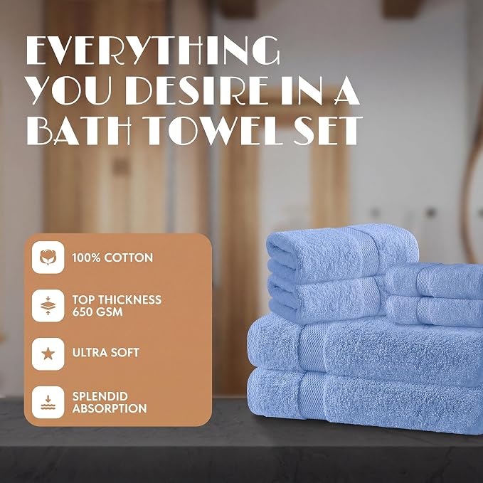 White Classic Light Blue Bath Towel Set of 6-100% Cotton Highly Absorbent Towels for Bathroom, 2 Luxury Bath Towels 650GSM, 2 Hand Towels, 2 Washcloths
