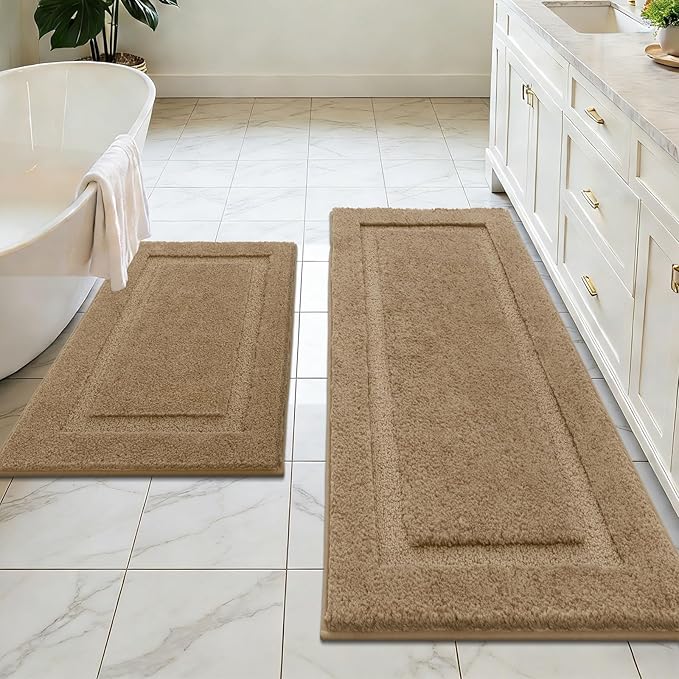 SHACOS Soft Microfiber Bathroom Rugs Set of 2 Pieces, Khaki Brown | 47x20 + 32x20, Absorbent Plush Bath Rugs, Non Slip Washable Shaggy Bath Mats, Fluffy Bathroom Runner Floor Mats Shower Rug