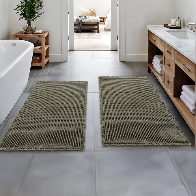 MIULEE Set of 2 Waffle Bathroom Runner Rugs Green 2'x5'(24"x60") | Non Slip, Super Absorbent, Washable, Ultra Soft, Boho Bath Mats for Bathroom Hallway Bedroom Laundry Room Kitchen