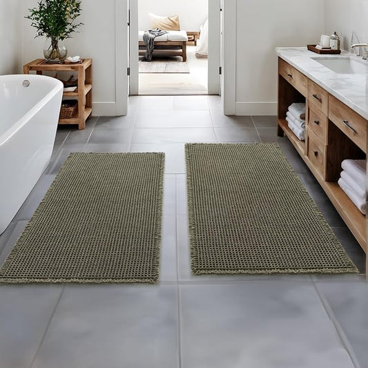 MIULEE Set of 2 Waffle Bathroom Runner Rugs Green 2'x5'(24"x60") | Non Slip, Super Absorbent, Washable, Ultra Soft, Boho Bath Mats for Bathroom Hallway Bedroom Laundry Room Kitchen