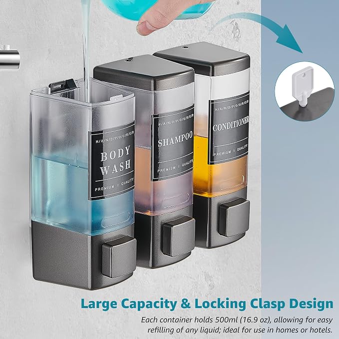 Shower Shampoo Dispenser 3 Chamber No Drill, Grey | Wall Mounted, Large Capacity 3×16.9oz, ABS Plastic Material, Refillable With Labels, For Bathroom Hotel