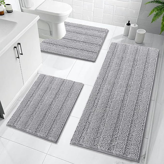 OLANLY Thick Chenille Bathroom Rugs Sets 3 Piece, 47"x20"+24"x16"+24"x20" | Light Grey, Absorbent Bath Mats and U-Shaped Contour Toilet Rug, Home Decor Accessories, Bath Mat Set for Bathroom