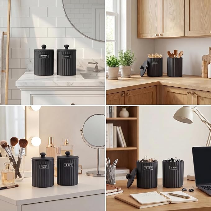 Ronasip Ceramic Bathroom Organizer and Storage Jars with Lid, 2 Pack Qtip Holder and Cotton Pad Dispenser, Apothecary Canisters for Vanity, Kitchen Countertop, Home Decor (2, Black)