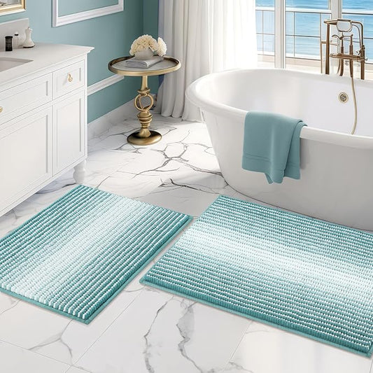BSICPRO Bathroom Rugs Sets 2 Piece, Non Slip Striped Bath Mats, Aqua Green | 20"x32" Plus 16"x24"，Soft Absorbent Chenille, Quick Dry Machine Washable, Shower Rug for Bathroom Floor, Tub, Bedroom Decor