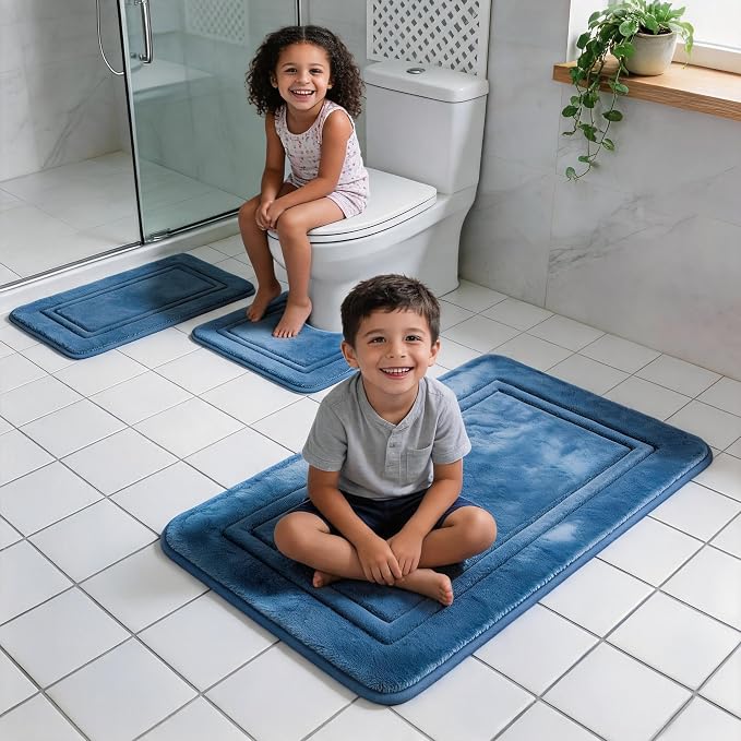Bathroom Rugs Set 3 Piece Memory Foam, Bordered Toilet Rug, Dusty Blue | Coastal & Farmhouse Decor — Soft Dusty Blue bath mats, absorbent and washable, with a U-shaped toilet mat.