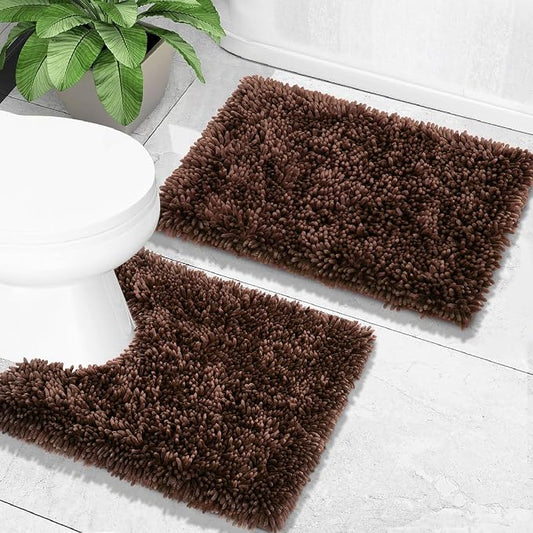 Yimobra Bathroom Rugs Sets 2 Piece, Soft Absorbent Bath Mat and U-Shaped Toilet Rug with Non Slip Backing, Luxury Shaggy Bath Mats for Bathroom, Machine Washable, 24"x17"+24"x20", Brown