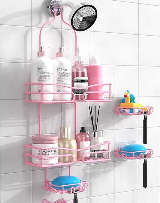 DAOYA Over the Shower Head Caddy Pink - Shower Caddy Hanging with 3 Soap Holders, Stainless Steel Bathroom Organizer and Storage, Rustproof