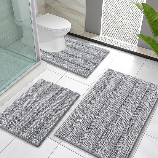 OLANLY Thick Chenille Bathroom Rugs Sets 3 Piece, 30"x20"+24"x16"+24"x20" | Light Grey, Absorbent Bath Mats and U-Shaped Contour Toilet Rug, Home Decor Accessories, Bath Mat Set for Bathroom