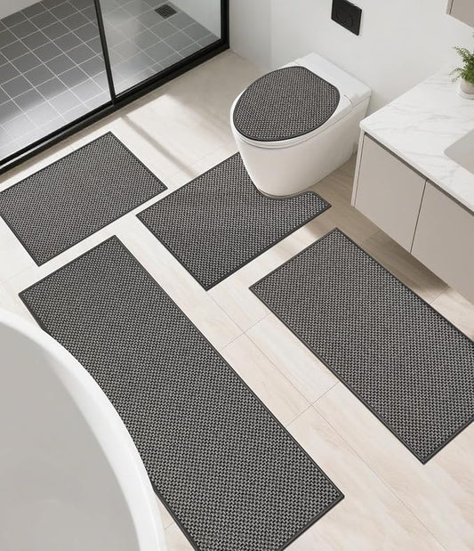 YIHOUSE Thin Bath Mat Dark Grey Bathroom Rugs Sets 5 Pieces, Non Slip Absorbent Bath Mats Quick Dry, Woven Braided Rugs Washable, Rubber Tapetes para Baño for Bathroom Toliet,Bathtub