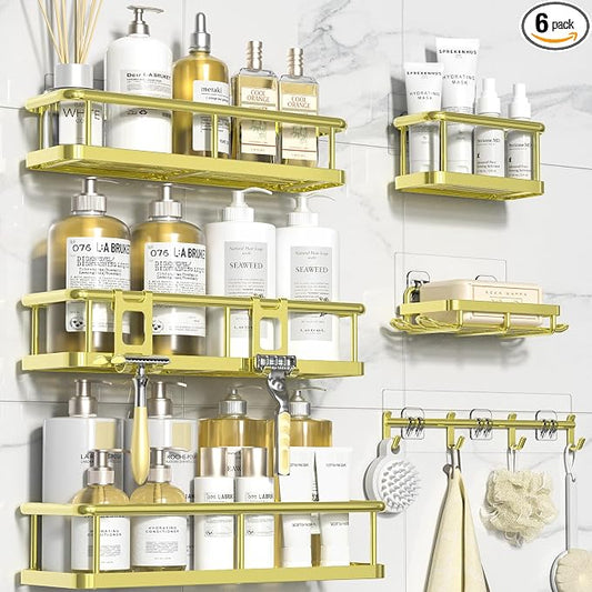 Shower Caddy Adhesive, Rustproof Shower Organizer with Soap Holder, Large Capacity Shower Shelves for Inside Shower, No Drilling Bathroom Organizers and Storage for Home Decor（6 Pack Gold）